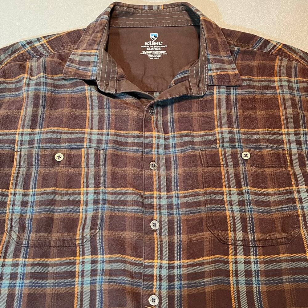 Kuhl Fugitive Flannel Shirt Plaid Brown Button Front Mens XL Tencel Cotton 7202